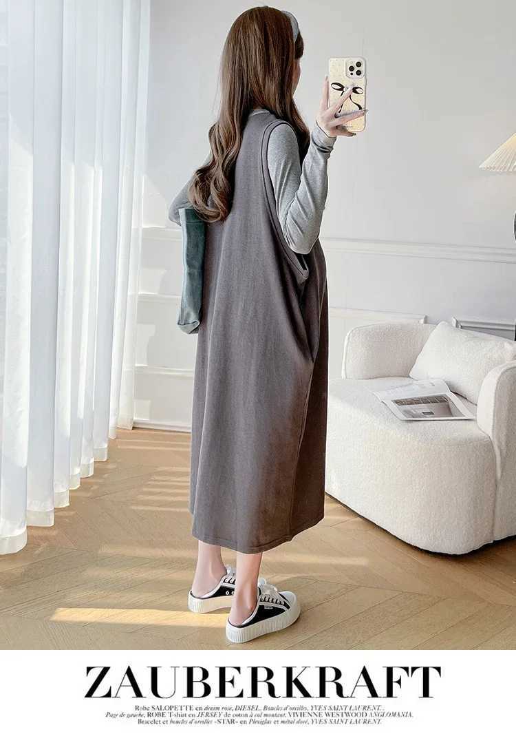 French Sle Materni Autumn Clothes Sleeveless Zipper Fly V-neck Pregnant Woman Tank Dress Long Loose Pregnancy Oversize DressXJ241213