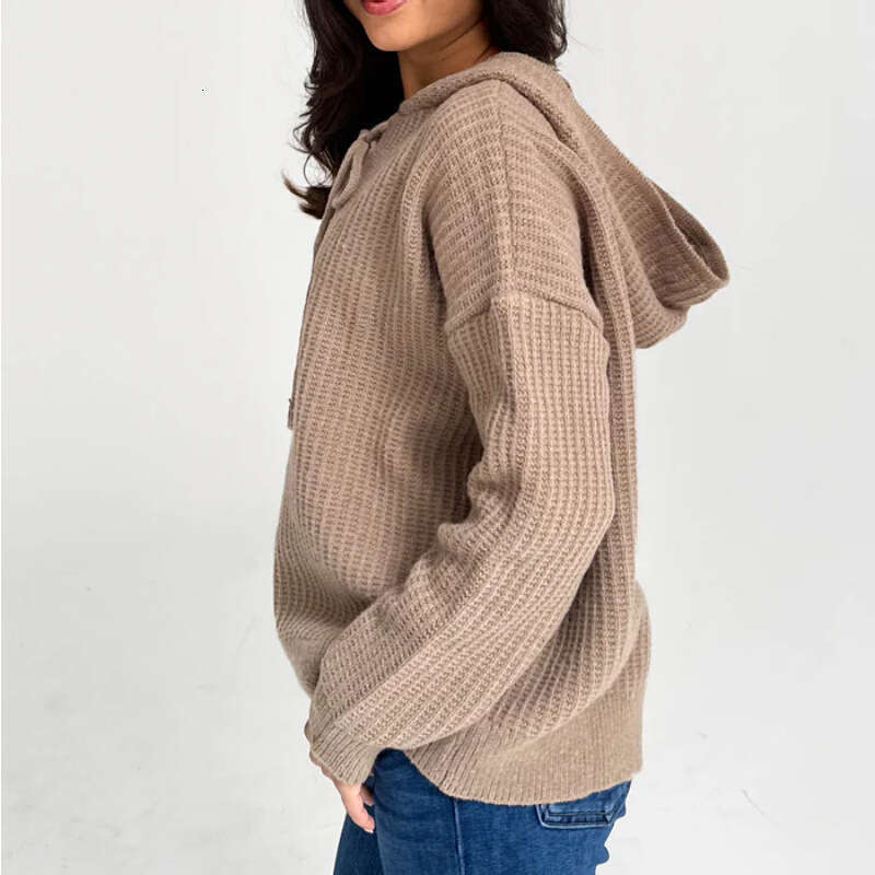 European American autumn and winter new knitwear women's pullover tie long sleeved hooded sweater top for women