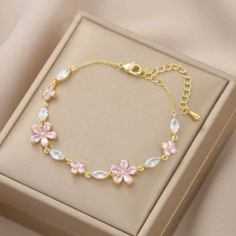 Luxury Colorful Zircon Flower Bracelet For Women Girls Korean Sweet Gold Color Crystal Adjustable Bracelet Jewelry GiftXJ241214