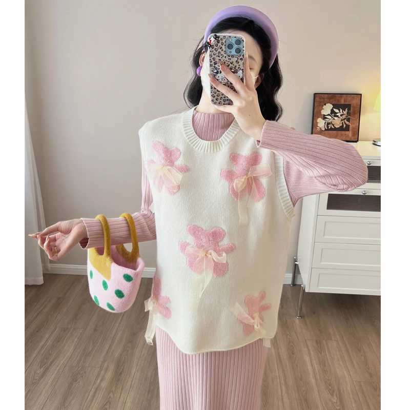 Autumn and Winter Pregnant Womens Clothing Pink Sweet Sweater Dress Long Sleeve Materni Basic Dress Office Lady Elegant DressXJ241213