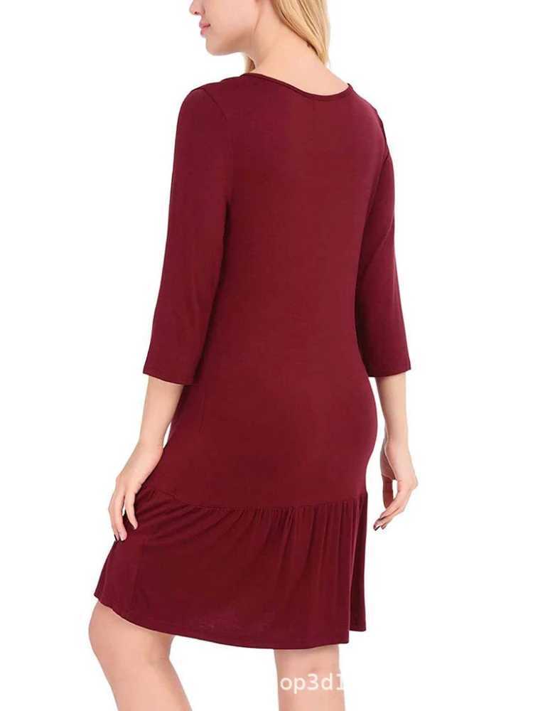 New Womens Pregnant Womens Solid Color Mid Length Dress Summer Round Neck 7/4 Sleeve Casual Breastfeeding Womens DressXJ241213