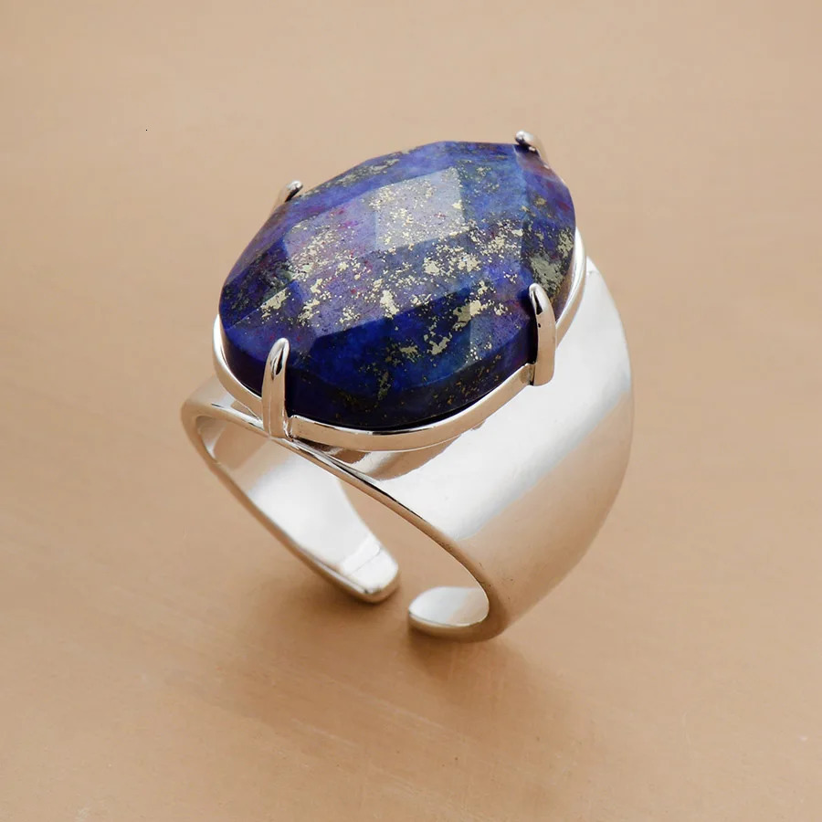 Big Stone Rings High Quality Jewelry Fashion Gold Plated Lapis Lazuli Party Ring Size 7 241214