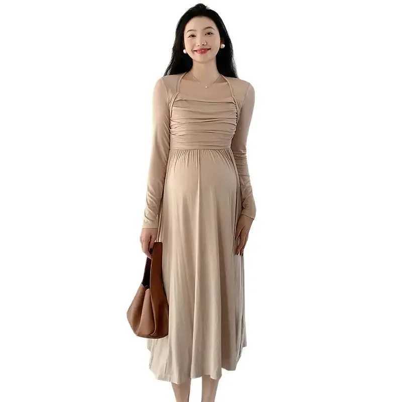 2025 Spring Materni Dresses Long Sleeve Square Collar High Waist Pregnant Woman Modal Dress Faux Two Pieces Pregnancy ClothesXJ241213