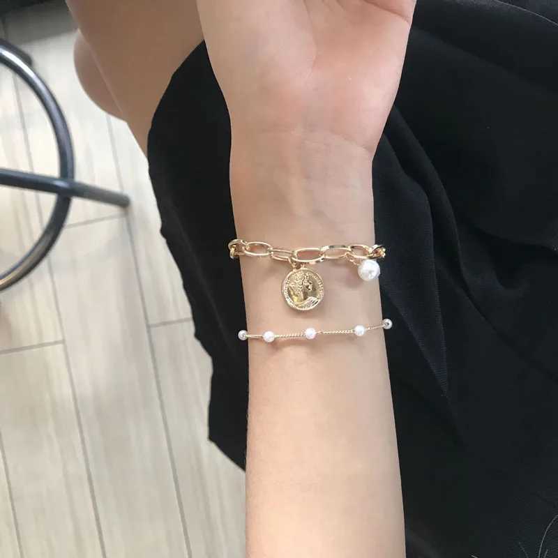 Classic Design Tren Pearl Beaded Chains Bracelets for Women Sweet Gold Color Stainl Steel Bangles Party Jewelry Girl GiftXJ250109