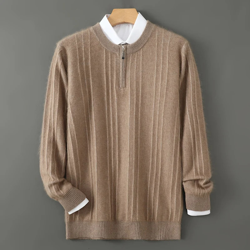 Pure mink cashmere sweater mens knitted pullover long sleeve Autumnwinter coat half zip wide striped crew neck top 241209