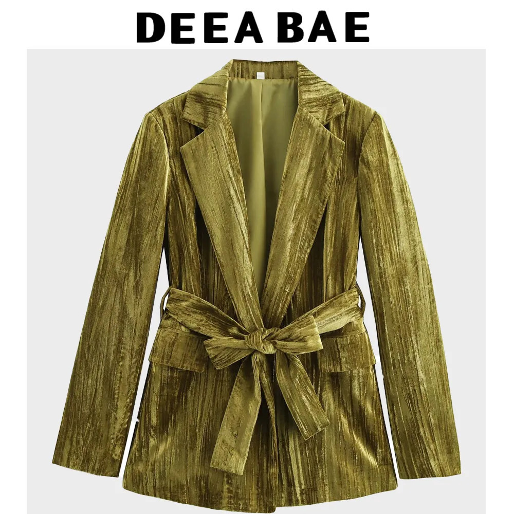 DEEABAE Womens Winter Jacket Fashion Velvet With Shoulder Pads Outerwear Casual Simple Belt Long Suit 241209