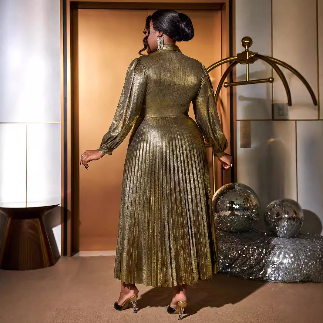 Designer's Light Luxury Gold Shirt Collar Long Sleeved Comfortable Pleated Skirt Party Date Birthday Party Outfit Plus Size Dress