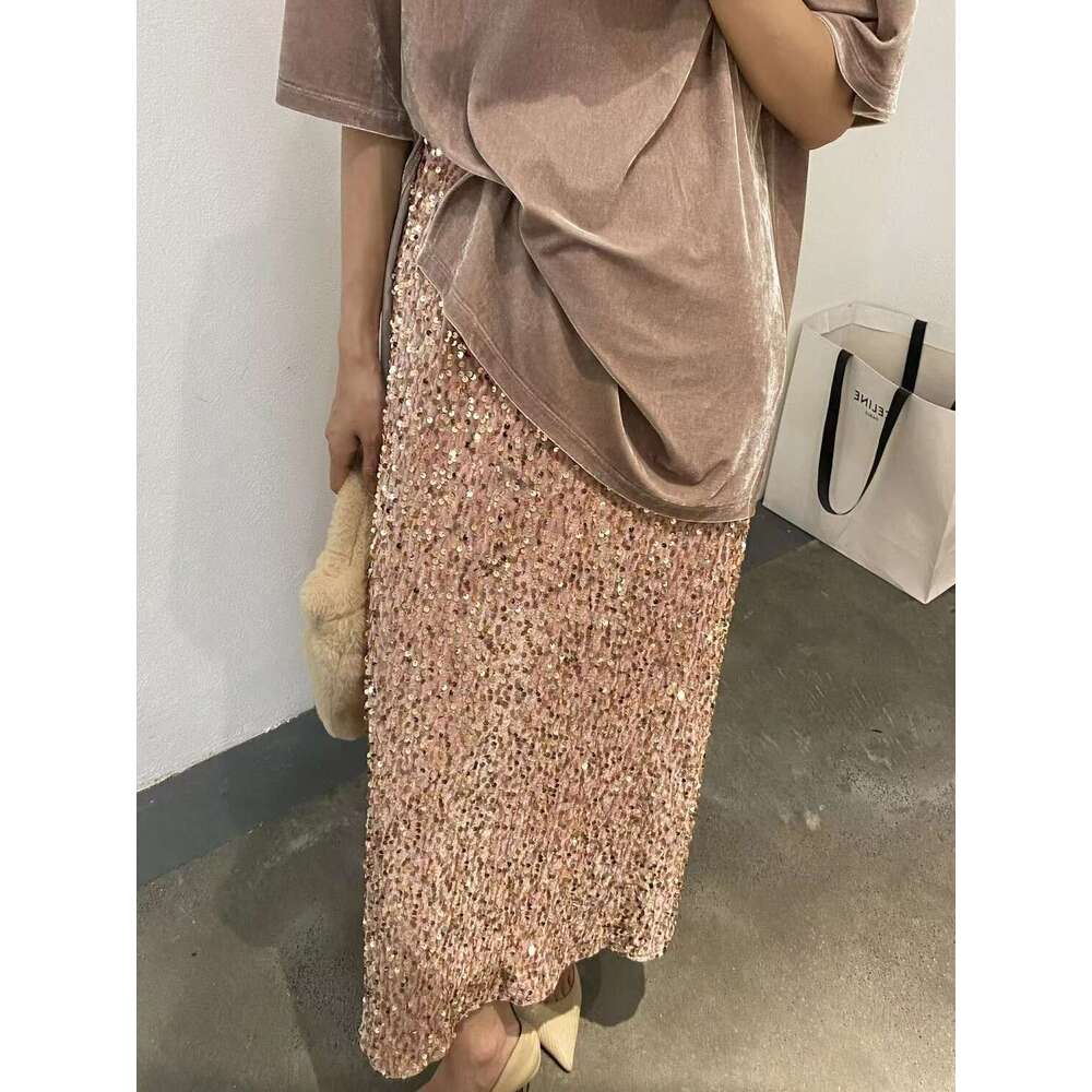 European American New Fashionable High Slimming Sequin Half For Women With Elastic Waist And Straight Tube Long Skirt