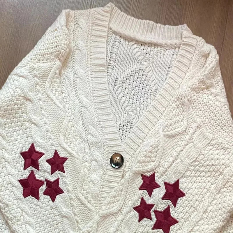 Red Star Embroidery Fashion Knitted Cardigan Vneck Long Sleeve Loose Sweaters 2024 Allmatch Streetwear Y2k Top Knitwear 241214