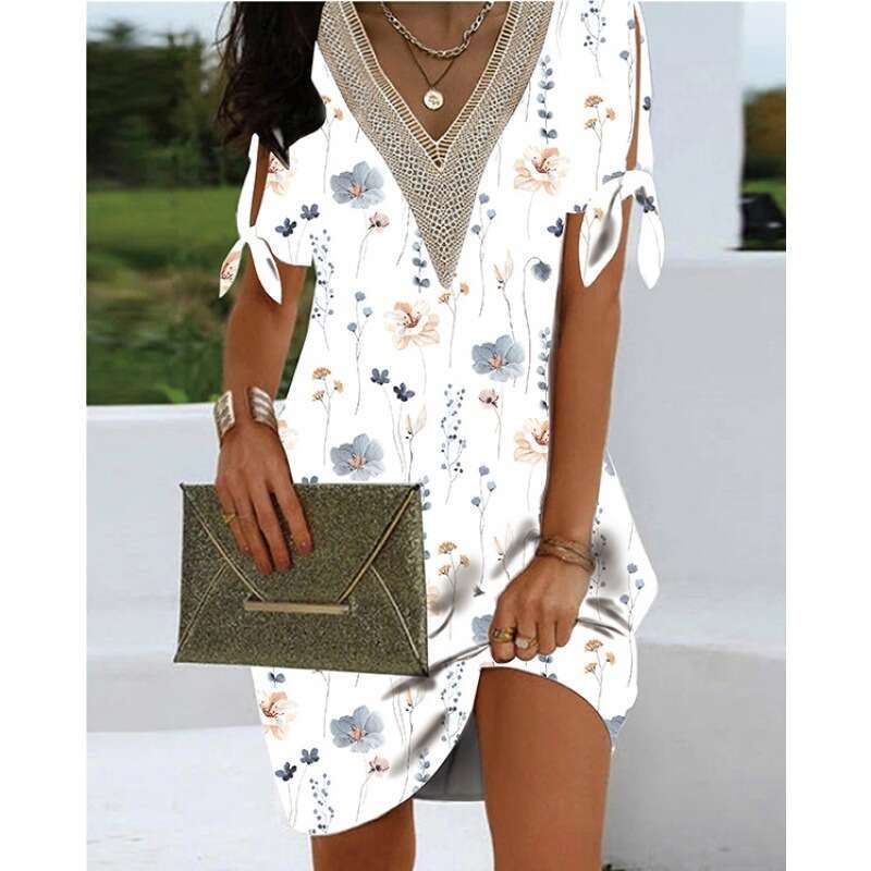 European and American women's summer style fashionable craftsmanship cuffs slit bow collar lace printed dress 2024 temperament versatile new tren