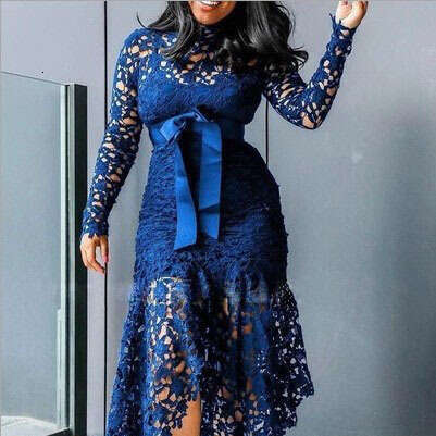 New European And American Women's Trade Hollow Long Sleeved Stand Collar Lace Up 5-Color Irregular Dress