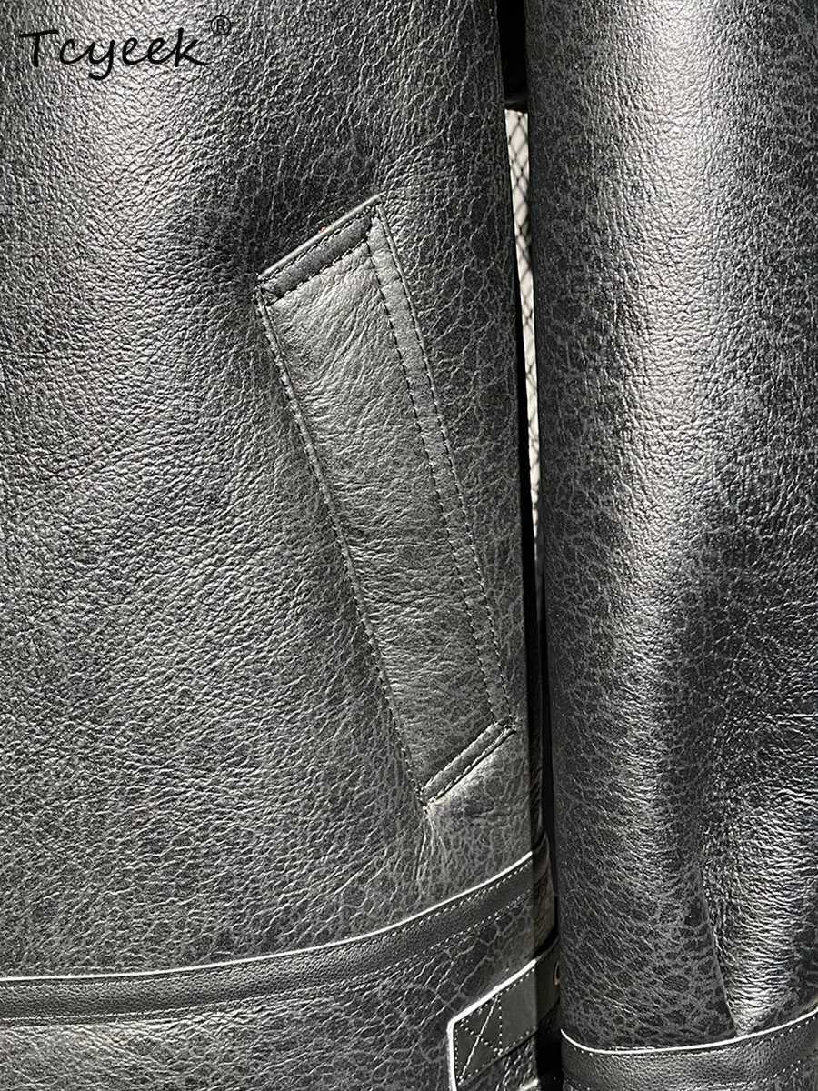 Tcyeek Real Sheepskin Fur Coat Mens Fashion Motorcycle Jacket Leather Jacket Winter Clothing Warm Mens Natural Fur Coat W241213