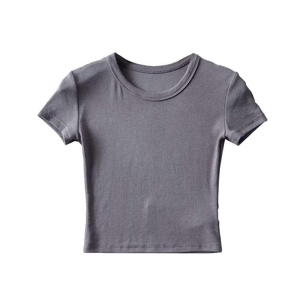 American summer 8-color high waist elastic slim fit wide edge round neck short sleeved T-shirt for women solid color tight fitting crop top trend 2024