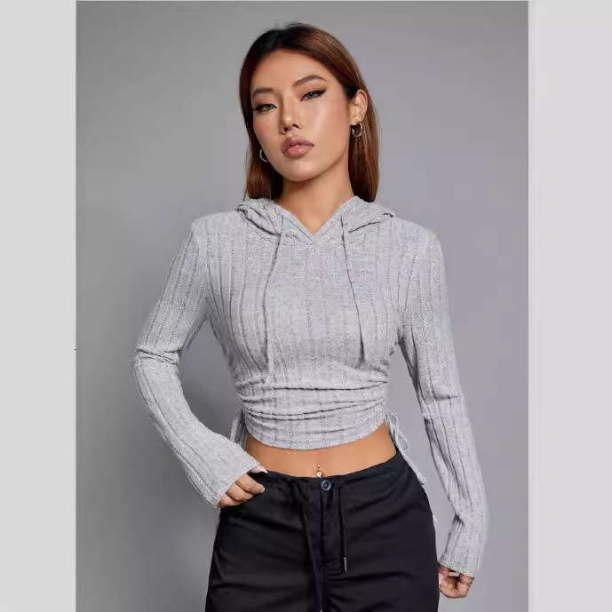 European and American women's 2024 spicy girl short drawstring long sleeved T-shirt looks slim with exposed navel hooded sweatshirt