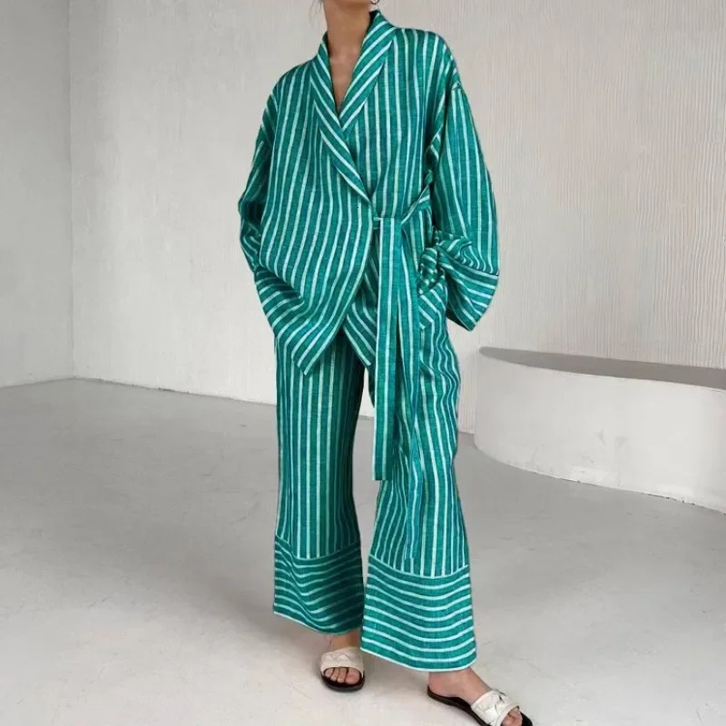 Autumn Casual Stripe Suits Elegant High Waist Wide Pants Set Fashion Lapel Long Sleeve Shirts Two Piece Set Women Outfit 241214