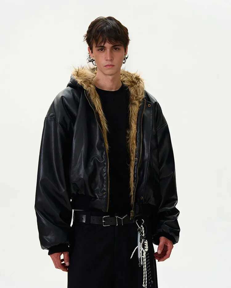 Tung Sung Short Hooded Faux Fur Cotton Coats Trendy Vintage Casual Reversible Coat Fur Integrated Hooded Silhouette Jacket Men W241213