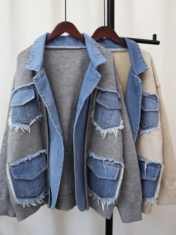 GVUW niche n denim jacket womens lapel splicing knitted open seam full set 2024 clothing 17G8260 241211