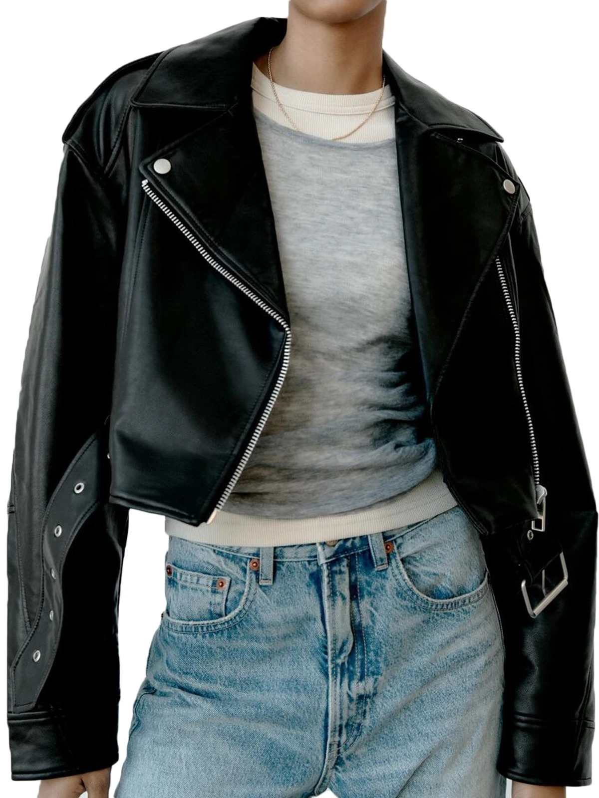 Fitaylor womens artificial PU leather jacket casual womens lapel zipper short leather jacket street motorcycle jacket 241210