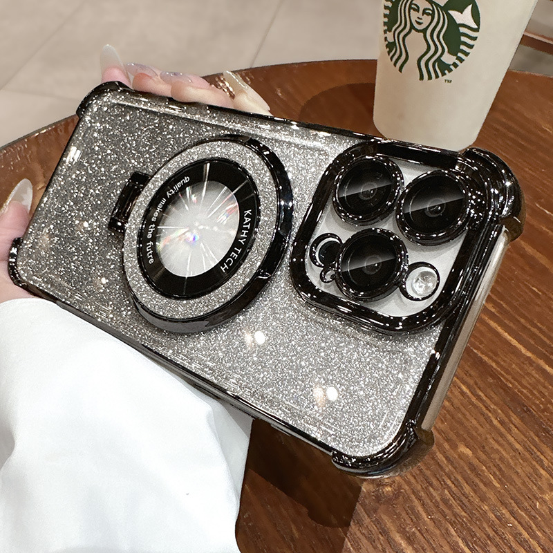 Luxury Four Corner Bling Glitter Clear Soft TPU Ring Stand Magnetic For Magsafe Wireless Charging Cases With Lens Film Protector For iPhone 16 15 14 1