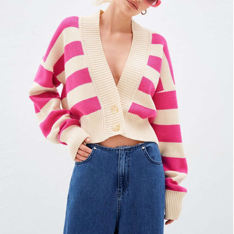 2024 autumn winter European and American sweater women's clothing contrasting color loose design feeg knitted cardigan jacket for women