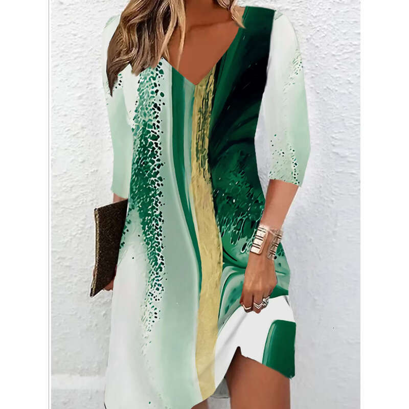 Autumn Printed Mid Sleeve V-neck Medium Length Dress for Women 2024 Versatile New Trendy Clothing Ins