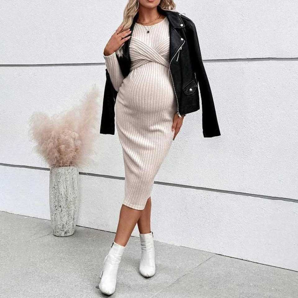 Materni Dress for Women Long Sleeve Pregnancy Slim Fit Elegant Dresses Autumn Winter Bodycon Female Mother Pregnant ClothesXJ241213