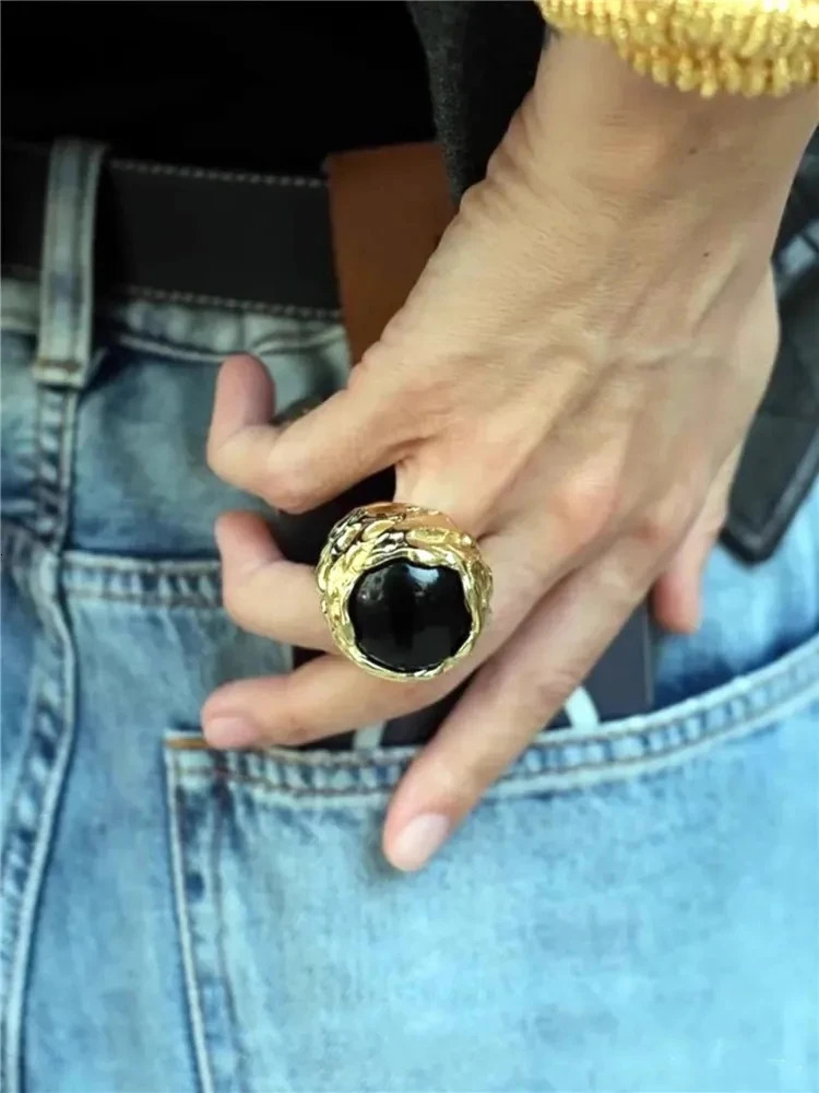 Retro Agate Natural Stone Crystal Ring Gold Color Metal Open for Women Brass Jewelry Light European And American 241214
