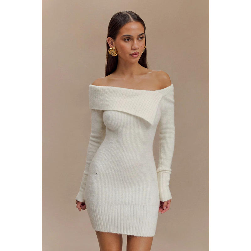 New Autumn And Winter Women's Sexy Off Shoulder Long Sleeved Knitted Elegant Dress Short Skirt For Women
