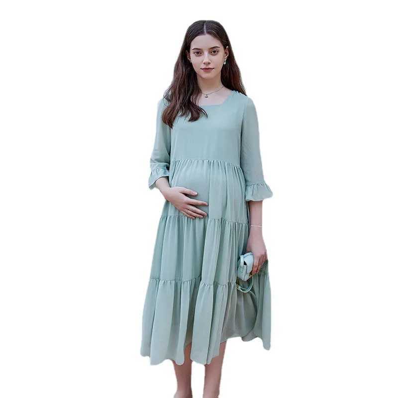 2024 New Women Solid Summer Materni Dresses Casual Half Sleeve Ruffle Bowknot Pregnant Clothes Backless Polyester Adult DressXJ241213
