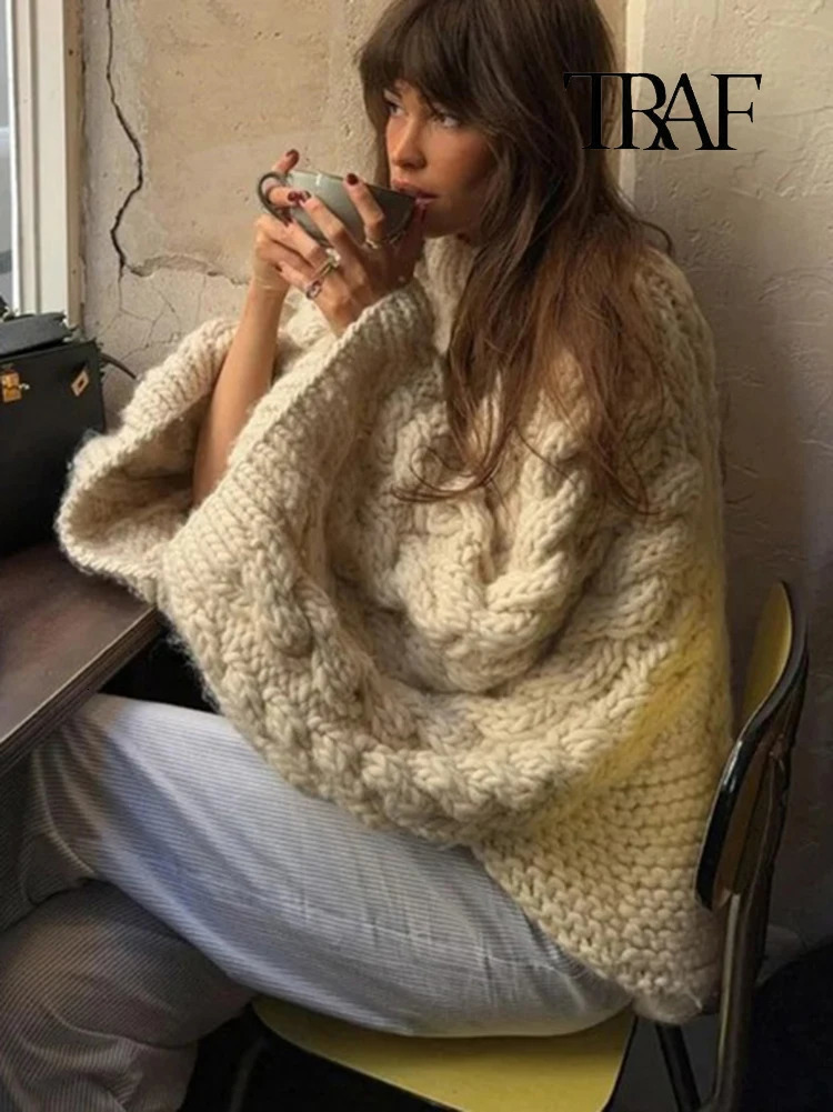 TRAF Womens Fashion Oversized Solid Color Knitted Sweater Casual Slow Pull Flower Autumn and Winter Loose Long Sleeve Top 241211