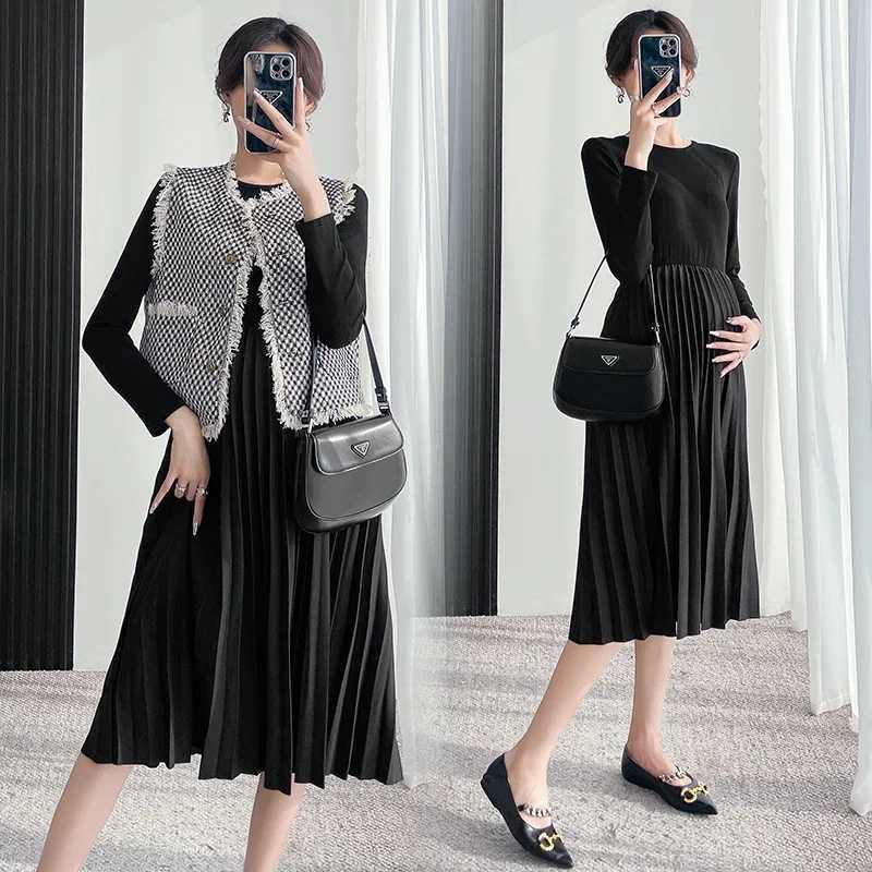 Fashion Materni Dress for Autumn Long Sleeve O-neck High Waist Black Elegant Pregnant Woman Pleated Dress Long Velour DressesXJ241213