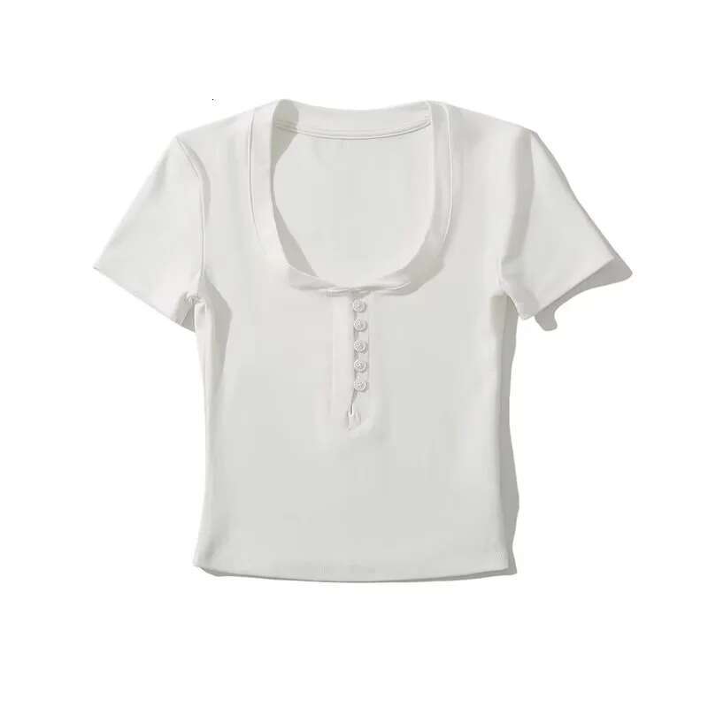Spicy girl round neck half open button slim fit shoulder T-shirt for women's summer wear, tight fitting and slimming short sleeved top base shirt