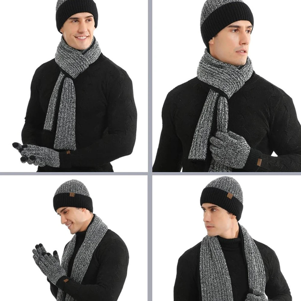 Warm Knitted Mens Scaves and Beanie Hat Gloves Set with Touchscreen Gloves Winter Thick Fleece Lined Neck Gaiter Cap Gloves 241213