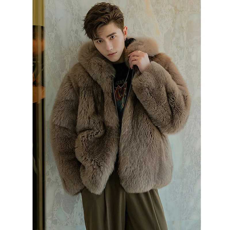 Fur coat mens new fox fur short jacket autumn/winter warm wool coat mens leather hooded casual jacket W241213