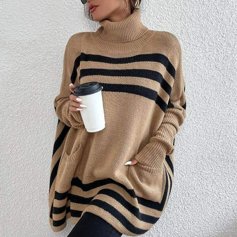 2024 European and American Foreign Trade Knitted Women's Wear High Collar Striped Bat Sleeve Cloak Shawl Sweater Coat for Women