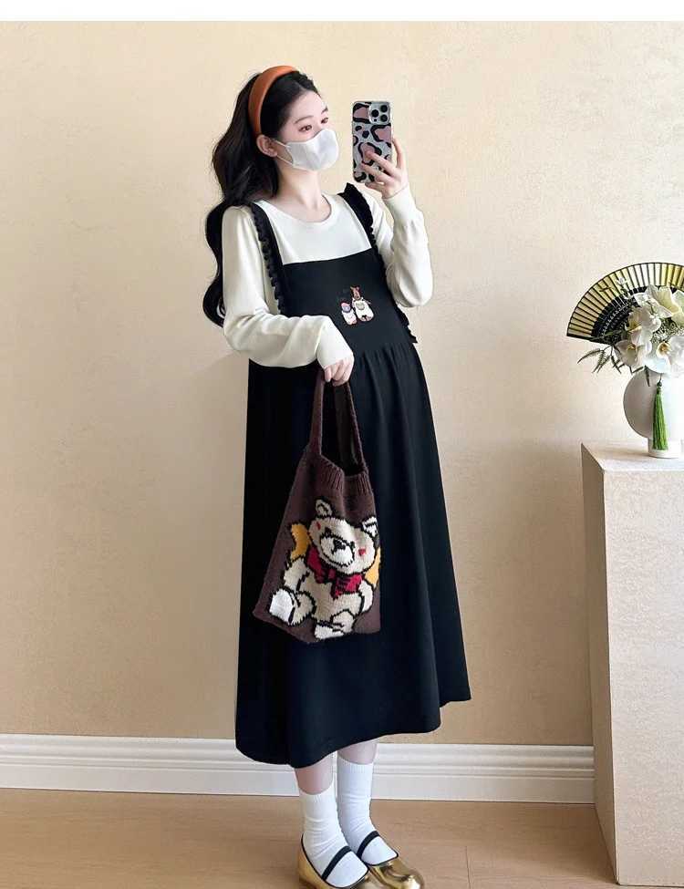 2024 Autumn Materni Knitte Dress Fashion Long Sleeve Pregnant Woman Embroidery Dress Sweet Lady Dresses Faux Two Pieces DressXJ241213