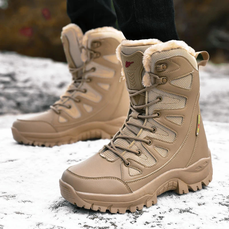 Warm Plush Snow Boots Men Lace Up Casual High Top Mens Boots Waterproof Winter Boots Anti-Slip Ankle Boots Army Work Boots 241213