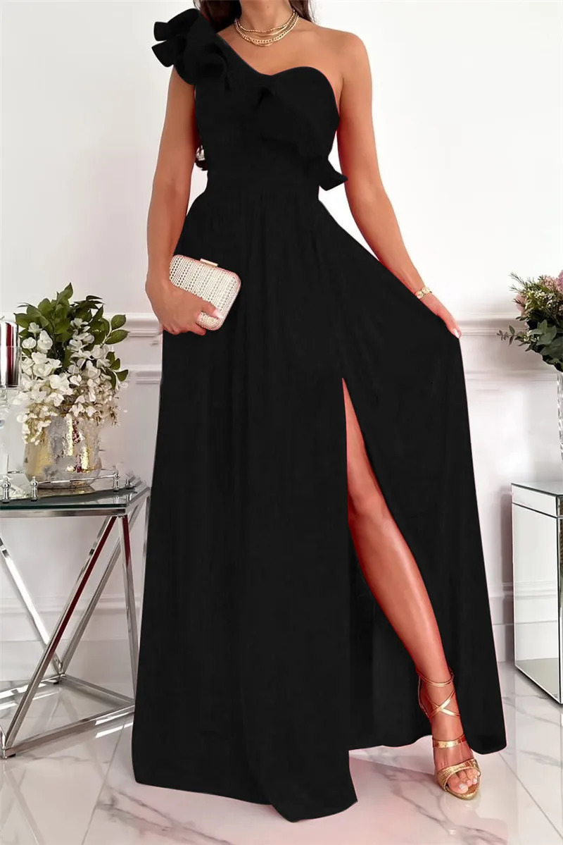 Red Evening Dress One Shoulder Flower Stickers Sleeveless Slimming Party Ball Backless Long 241212
