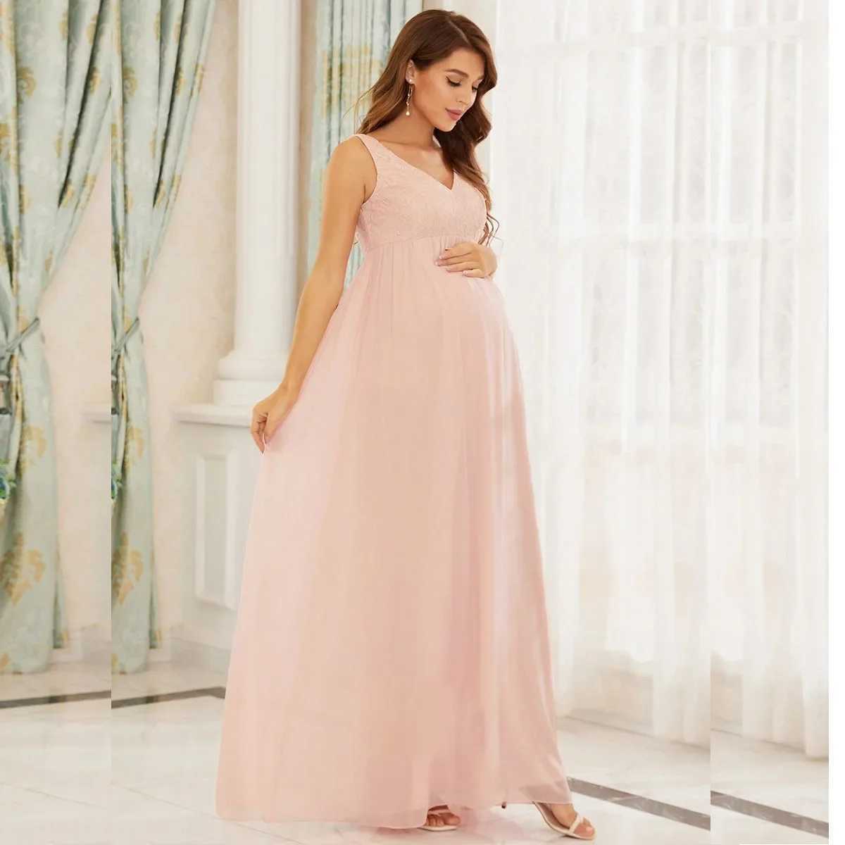 Materni V Neck Wraped Maxi Dress A Line Ruched Sleeveless Materni Gown for Wedding Photoshoot Baby Shower Summer DressXJ241213