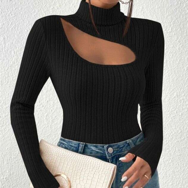 2023 Autumn New European and American Front Chest Hollow Bottom Shirt Women, High Collar Long Sleeve Slimming T-shirt for Women