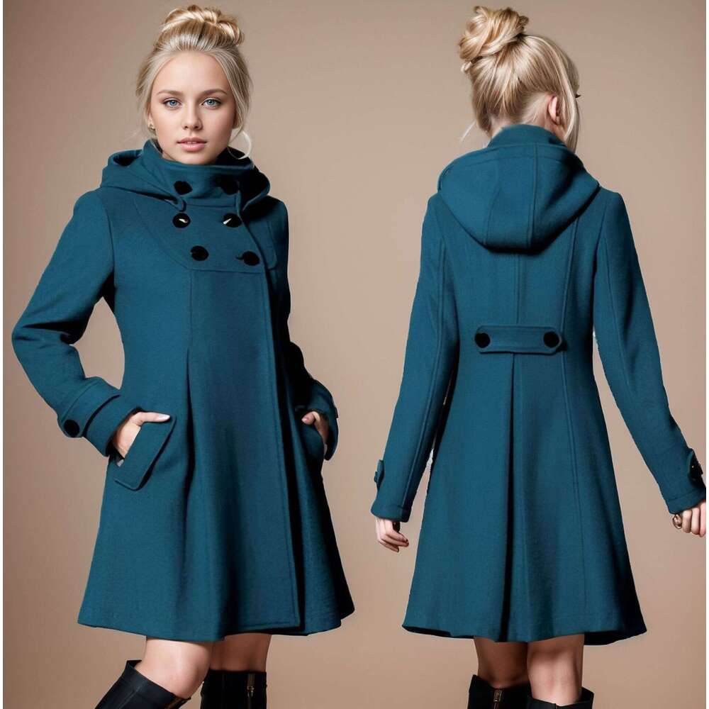 European And American Women's Medium Long Woolen Coat, Hooded Double Breasted Halloween Cloak, Windbreaker For Women