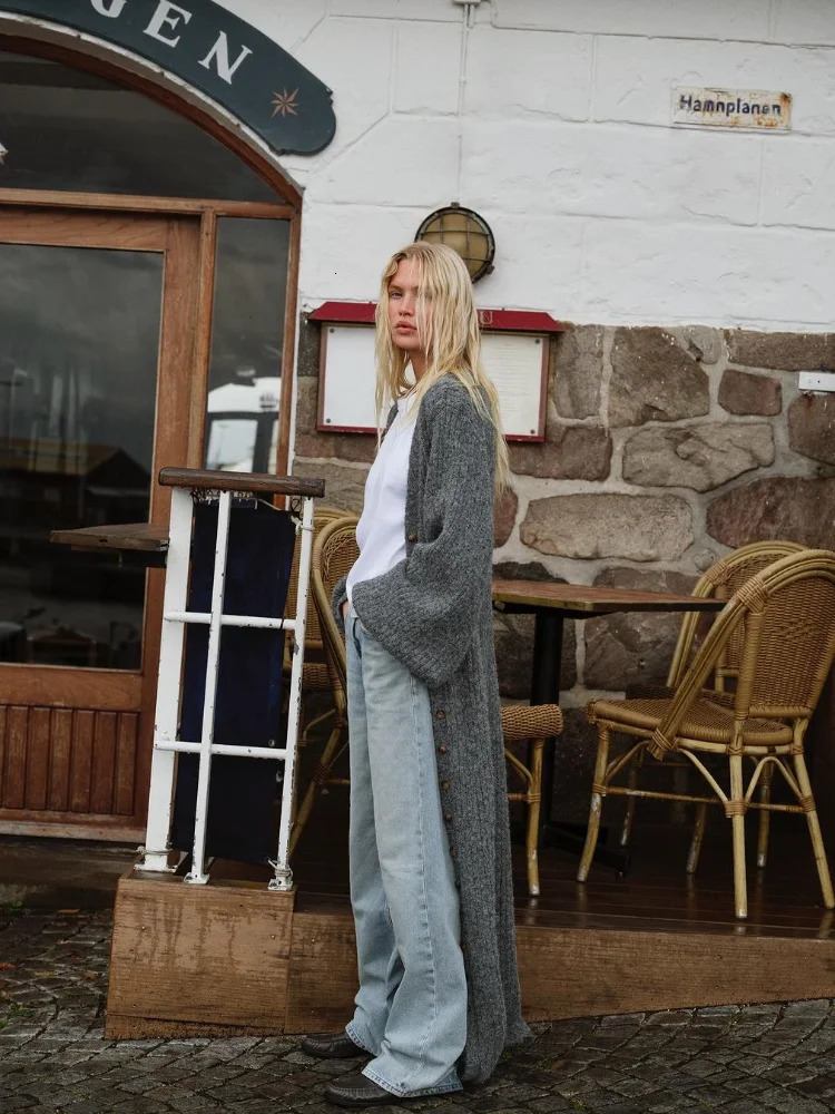 Chic Women Grey Single Breasted Knitted Cardigan Elegant V Neck Lantern Sleeves Slim Long Sweater Autumn Winter Lady Street Wear 241214