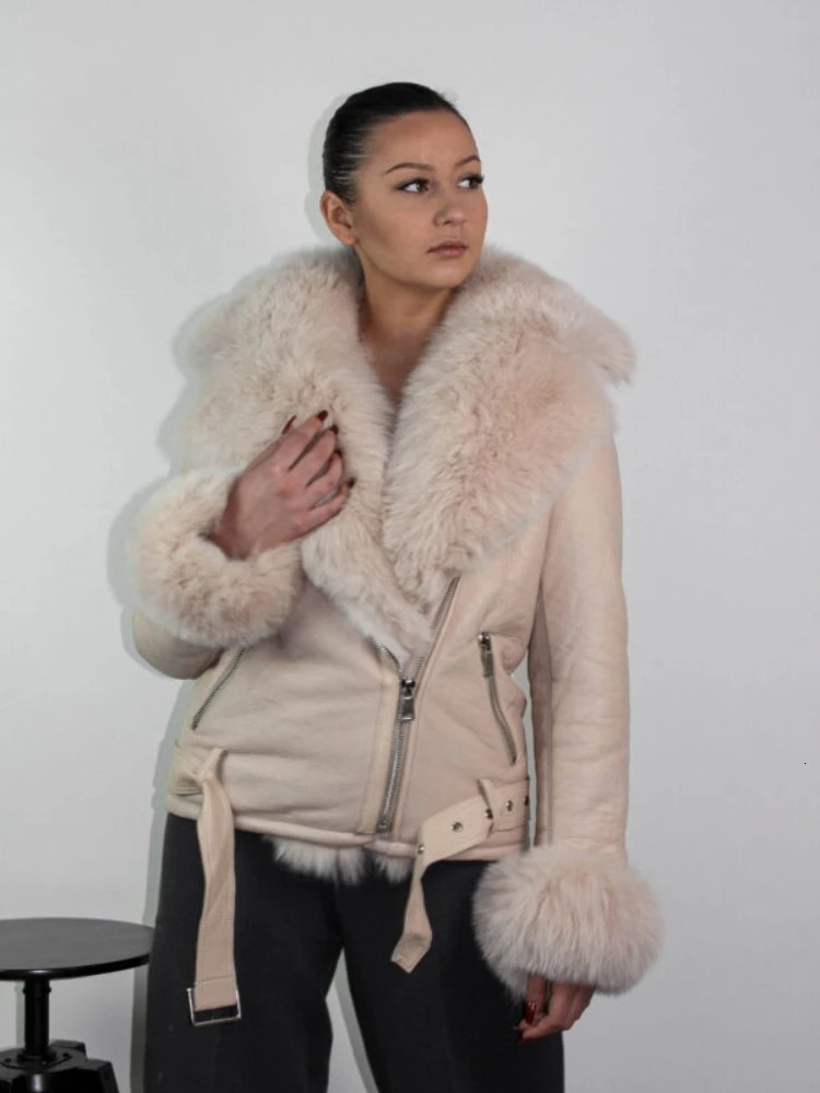 RR2830 Womens Retro Double sided Fur Lined Jacket Faux Fox Fur Collar Fluffy Warm Winter Coat Waist Leather Jacket 241210