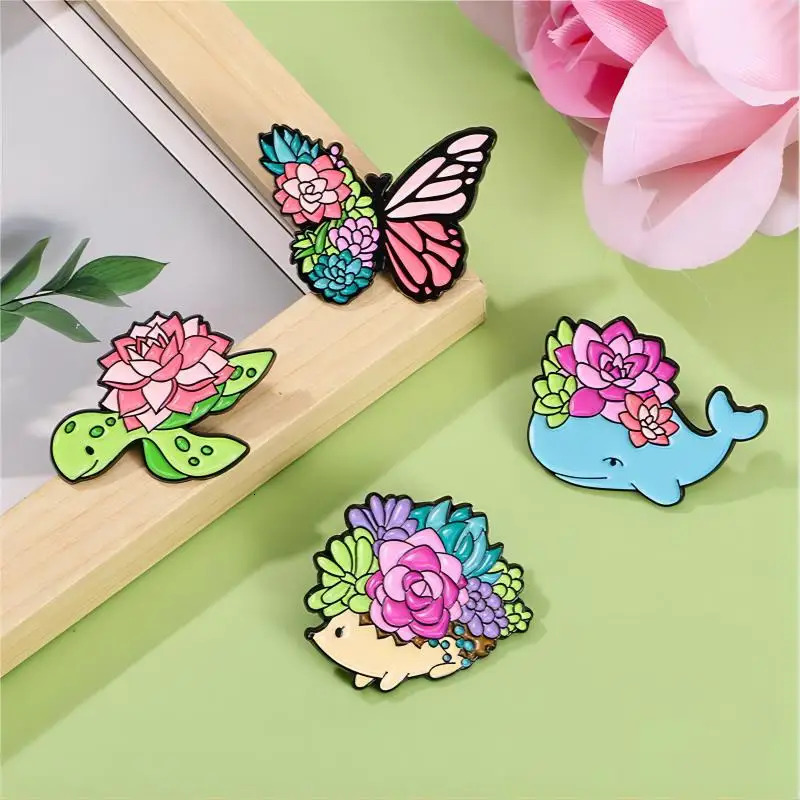 Cute juicy plant enamel brooch cartoon colored animal butterfly turtle hedgehog whale badge spring summer lapel pin 241210