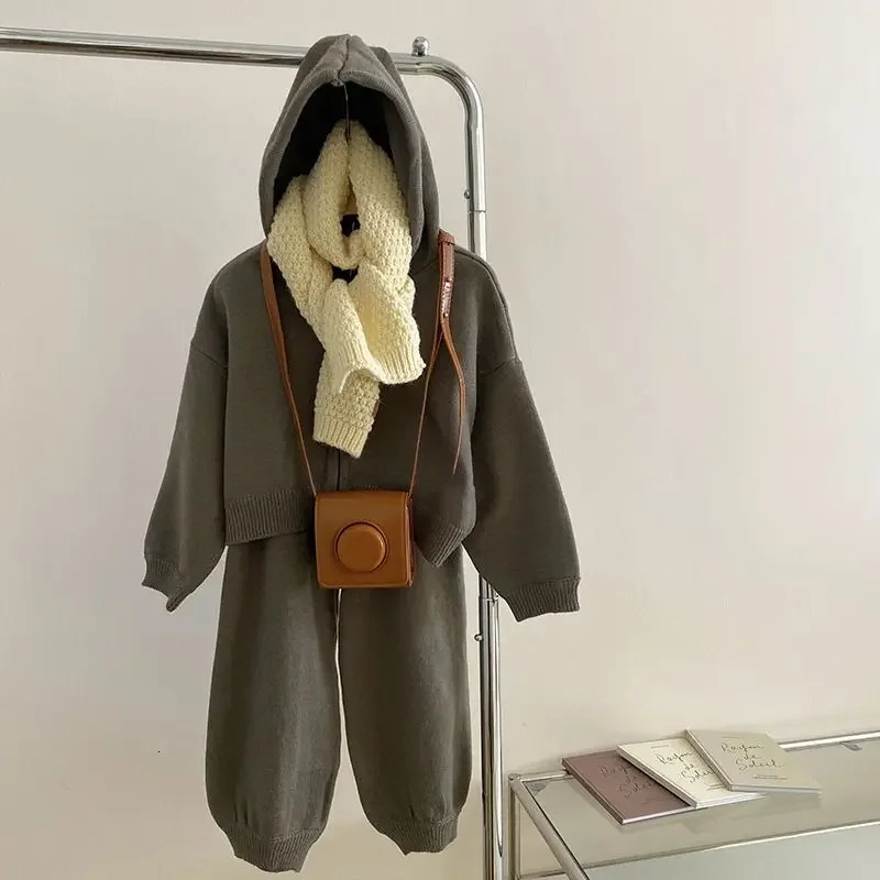 Childrens Sets Girls Spring Autumn Korean Casual Sweater Versatile Hooded Knitting Coat Two Piece Set Soild Elastic Waist 241213