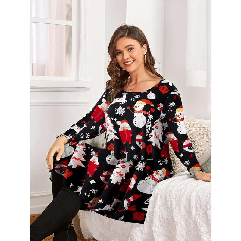 European American fashion Christmas print mid sleeve plus size women's 2024 new style chic and elegant clothing