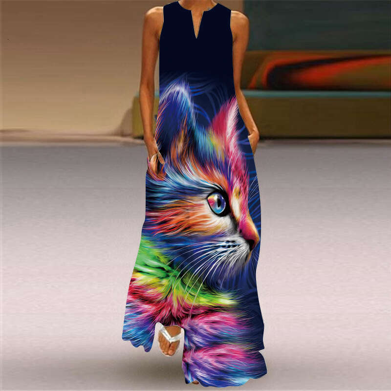 plug-in pocket European and American retro printed skirt V-neck multi-color long sexy sleeveless dress 2024 new casual versatile fashion clothing