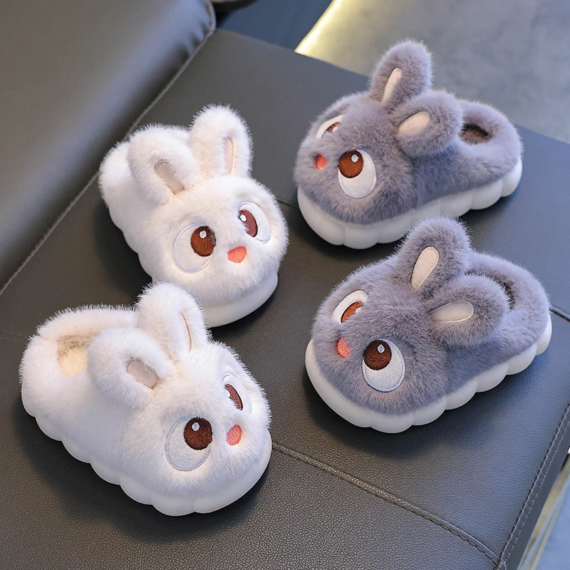 Winter Cute Big eyed Rabbit Childrens Waterproof Warm Non-slip Fluffy Slippers For Girls Boys Kids Indoor Home Cotton Shoes 241213