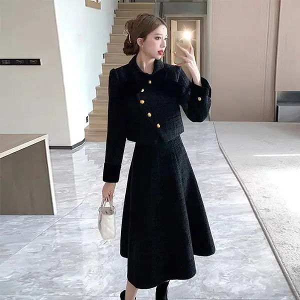 Spring Korean Style Bow Short Coat Women Clothing Aline Midi Skirt Set High End Commuting Black Two Piece Outfits 241211