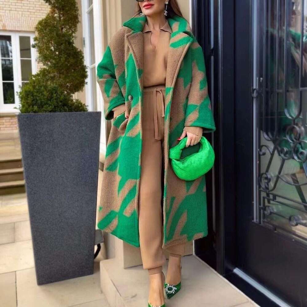 New European And American Autumn Cross Border Women's Clothing Multiple Color Blocked Fashion Long Sleeved Collar Printed Woolen Coat